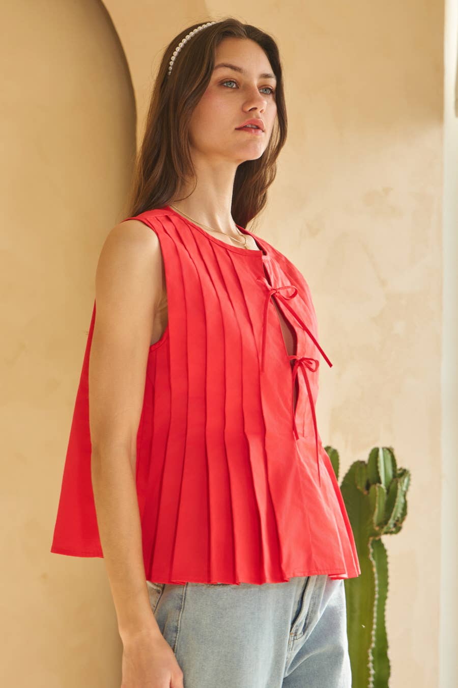 Poplin Pleated Sleeveless Top