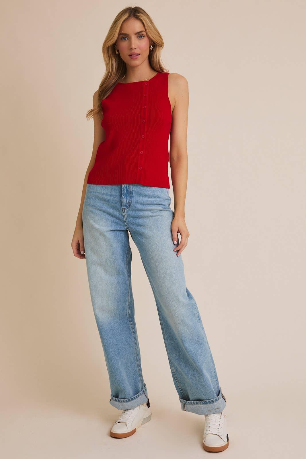 Boat Neck Button Up Ribbed Top