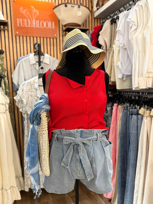 Boat Neck Button Up Ribbed Top